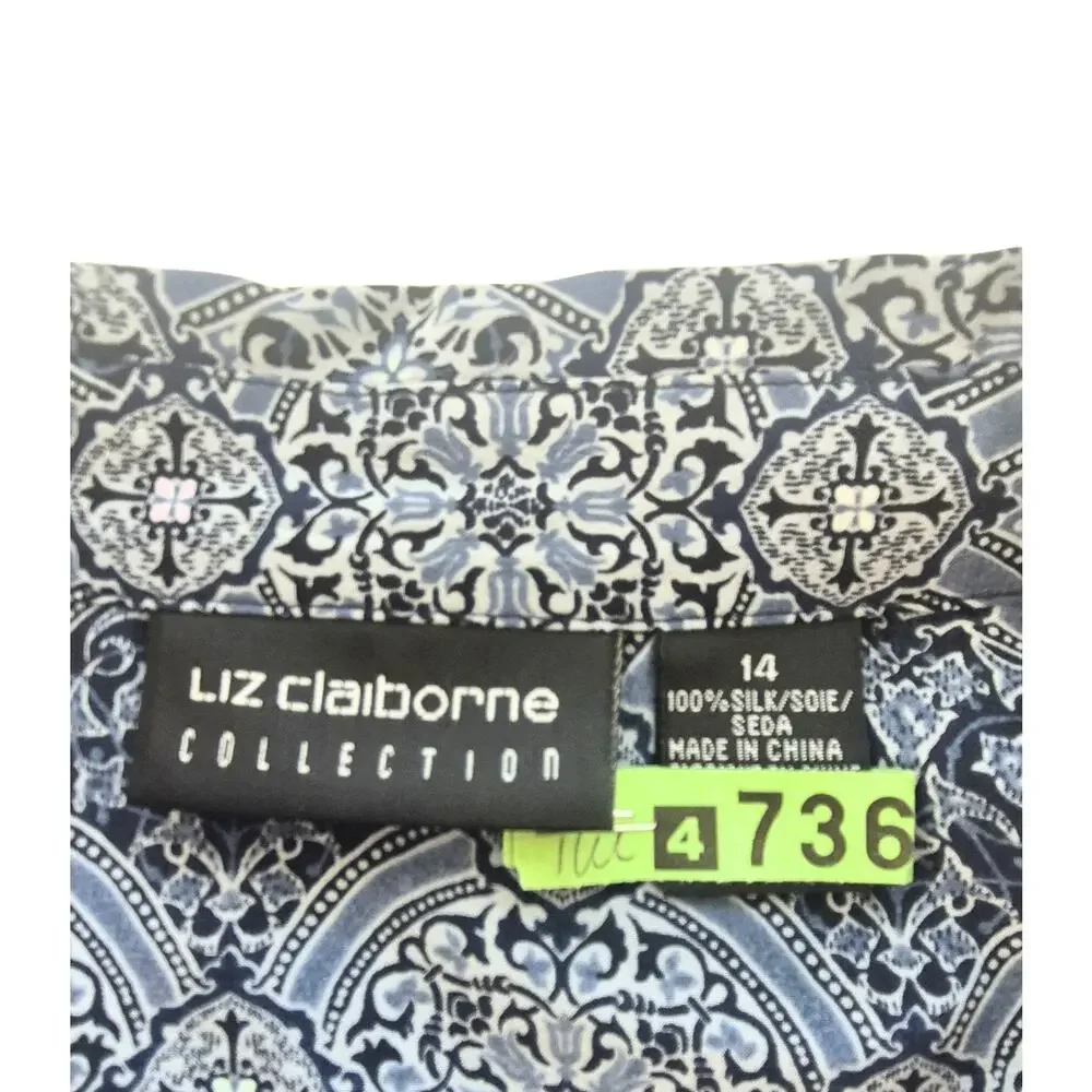Liz Claiborne Silk Blouse Sz 14 Boho Print Long Sleeve Top Button Blue Office - Picture 6 of 8